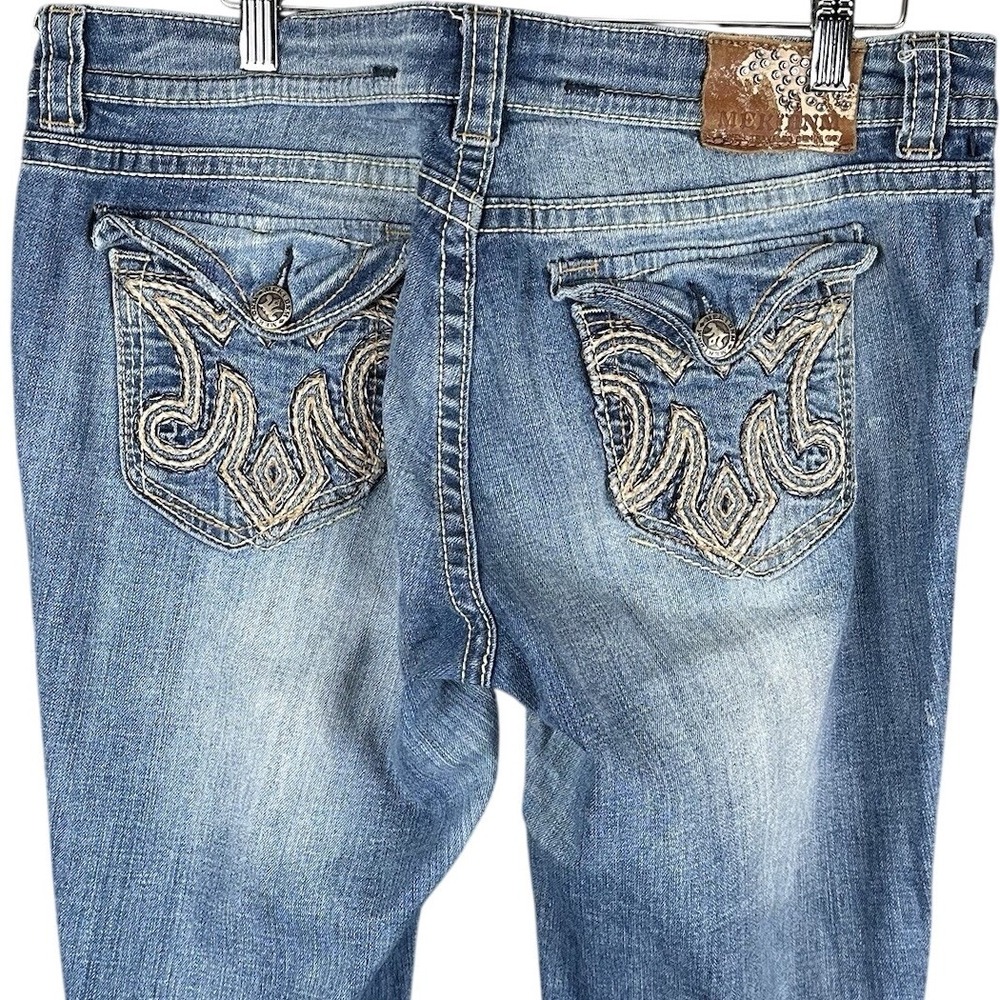 Mek Denim Buckle Mens Bootcut Distressed Jeans Blue Embroidered Pockets 32x34